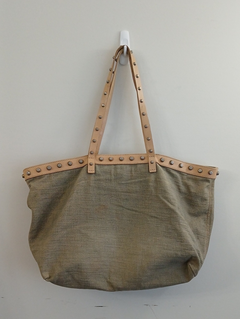 Fendi Beige Canvas Tote with Studded Tan Leather Trim